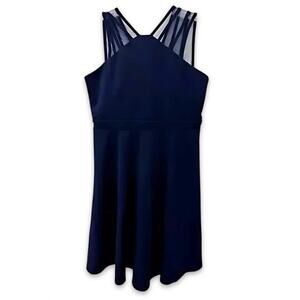 Nickie Lew Skater Dress Sleeveless Illusion Mesh Neckline Solid Navy Blue 16 NWT